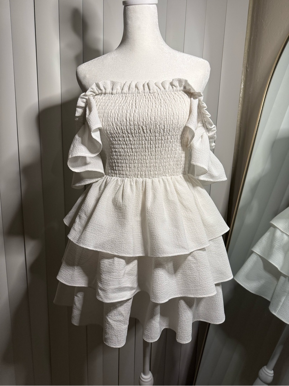 Express- White Ruffled Tiered Smocked Strapless Dress